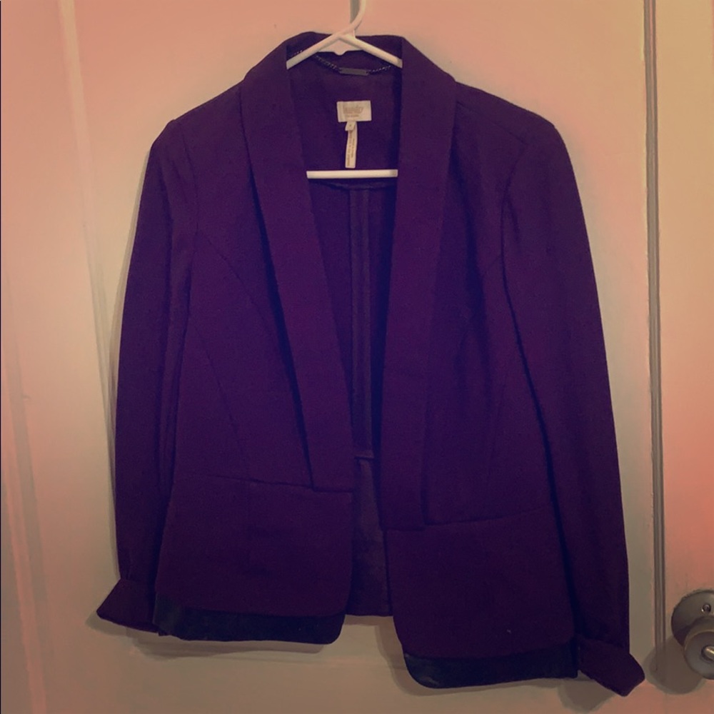 Dark purple blazer with black leather trim